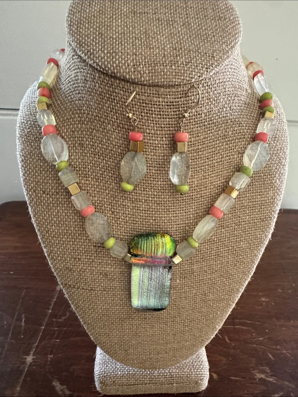 Iridescent Glass Pendant Necklace & Earrings with Coral and Lime Accents